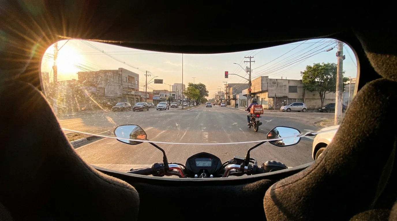 Avenida no fim da tarde vista de dentro do capacete, com o guidão da moto e um motoboy à frente