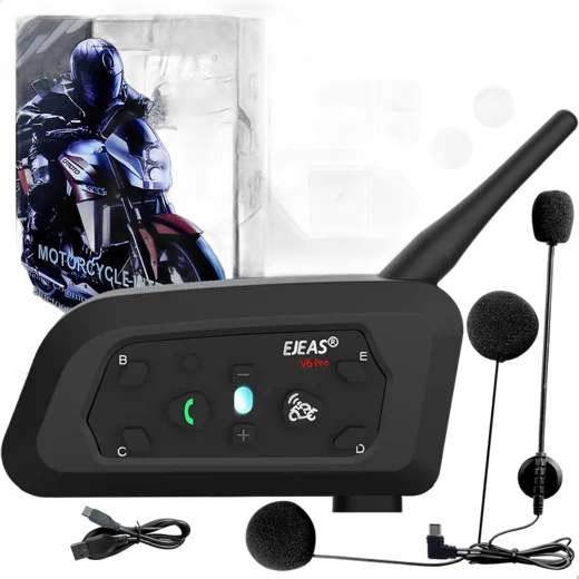 Intercomunicador Ejeas V6 Pro+ Bluetooth 5.1 para Capacete, para 6 Pilotos com Cancelamento de Ruído e IPX6